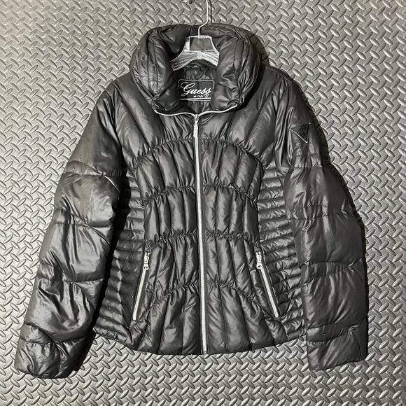 GUESS Quilted Shiny Black Puffer‎ Jacket Womans Size Large - Picture 1 of 7